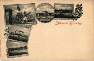 Hortobágy, pásztorok étkezése, debreceni ekhós szekér, ökörgulya, hortobágyi Kilenclyukú híd, magyar folklór. Pongrácz Géza kiadása, szecessziós-virágos keret (szakadás / tear)