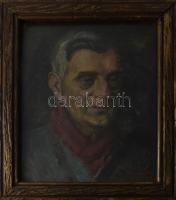 Olvashatatlan jelzéssel: Férfi vörös sálban. Olaj, vászon, kartonon. Üvegezett, kissé sérült fakeretben. 36x29,5 cm