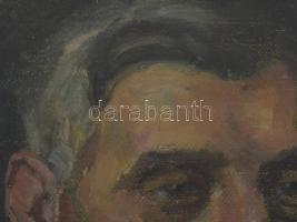 Olvashatatlan jelzéssel: Férfi vörös sálban. Olaj, vászon, kartonon. Üvegezett, kissé sérült fakeret...