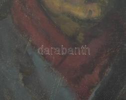 Olvashatatlan jelzéssel: Férfi vörös sálban. Olaj, vászon, kartonon. Üvegezett, kissé sérült fakeret...