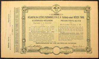 1894. Székelyudvarhely "Héjasfalva-Székelyudvarhelyi H.É.V. (Székely-vasút) Részvénytársaság" elsőbbségi részvénye 100Ft-ról, szelvényekkel, szárazpecséttel T:XF Hungary / Székelyudvarhely (Odorheiu Secuiesc) 1894. "Héjasfalva-Székelyudvarhelyi H.É.V. (Székely-vasút) Részvénytársaság" priority share about 100 Forint, with coupons, embossed stamp C:XF