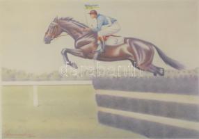 Damaszkin jelzéssel: Lóverseny. Vegyes technika, papír. Üvegezett fakeretben. 22x30 cm