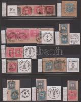 1874-1891 10 db kivágás, 16 db Színesszámú krajcáros bélyeggel, közte összefüggések, szép érdekes és ritkább bélyegzések, Visir albumlapon