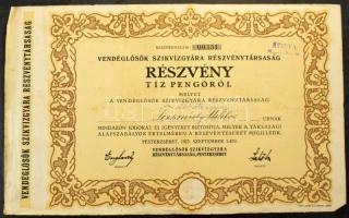 1923. Pesterzsébet (Budapest) "Vendéglősök Szikvízgyára Részvénytársaság" névre szóló részvénye 10P-ről, szárazpecséttel T:XF de az élek mentén kis sérülések és több fo.
