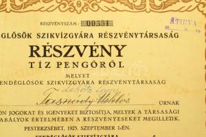 1923. Pesterzsébet (Budapest) "Vendéglősök Szikvízgyára Részvénytársaság" névre szóló rész...