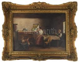 Gyertyáni Németh Gyula (1892-1946): Élet a házban. Olaj, vászon, jelezve jobbra lent. Javított. Sérült. Dekoratív, kissé sérült fakeretben. 61x80 cm