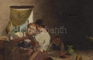 Gyertyáni Németh Gyula (1892-1946): Élet a házban. Olaj, vászon, jelezve jobbra lent. Javított. Sérü...