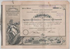 1894. Budapest "Budapest - Ujpest - Rákospalotai Villamos Közuti Vasut Részvény-Társaság" részvénye 100Ft-ról/200K-ról bélyegzésekkel, szárazpecséttel, szelvényekkel T:F,VG több helyen elvékonyodott papír illetve ly.