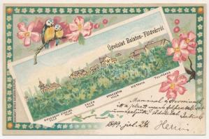 1899 Balatonföldvár, Brodszky villa, Stadler villa, Zalán villa, Ernesztin villa, Kistanya, Tulipános. Gerenday Gyula kiadása, szecessziós-virágos litho művészlap. Art Nouveau, floral, litho (EK)