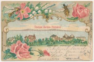 1900 Balatonföldvár, Németh villa, Schmidt villa, Szeifer villa, Atlétikai Club, Zrínyi szálloda. Gerenday Gyula kiadása, szecessziós-virágos litho művészlap méhecskékkel. Art Nouveau, floral, litho (gyűrődés / crease)