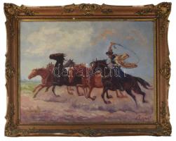 Kolozsváry Endre (1901-?): Lovak és csikós. Olaj, vászon, jelzett. Dekoratív, sérült fakeretben, 60×80 cm
