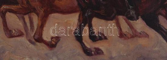 Kolozsváry Endre (1901-?): Lovak és csikós. Olaj, vászon, jelzett. Dekoratív, sérült fakeretben, 60×...