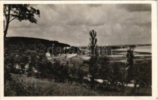 1939 Káptalanfüred, Balatonkáptalan-fürdő (Balatonalmádi); látkép, vasúti pálya, vonat. Wanderstein Károly úr felvétele (szakadás / tear)