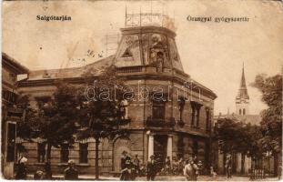 1921 Salgótarján, Őrangyal gyógyszertár, Székely Jakab bőrraktára. Feuerzeig Rózsi kiadása (kopott sarkak / worn corners)