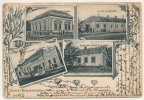 1910 Büdszentmihály (Tiszavasvári), Úri Casino, M. kir. postahivatal, gyógyszertár, áruház, nyári lak, Lukács F. épületei. Art Nouveau, floral + "BÜD-SZENT-MIHÁLY - DEBRECZEN 118. SZ." vasúti mozgóposta bélyegző (b)
