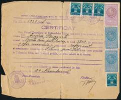 1936 Nagyszeben (Sibiu), a nagyszebeni törvényszék (Tribunalul Sibiu) elnöke által kiállított, román nyelvű igazolás Szigyártó András részére, összesen 7 db román illetékbélyeggel (16 Lei értékben), kisebb sérülésekkel
