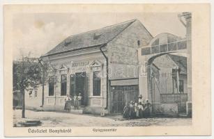 1924 Bonyha, Szászbonyha, Bahnea; Gyógyszertár. Fogyasztási Szövetkezet kiadása, Lang Henrik (Brassó) fényképészeti műterméből / pharmacy (fl)