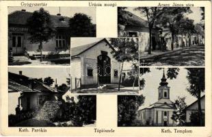 1942 Tápiószele, gyógyszertár, Uránia mozgó (mozi), Arany János utca, katolikus parókia és templom. Beleznay Gyuláné kiadása (EK)