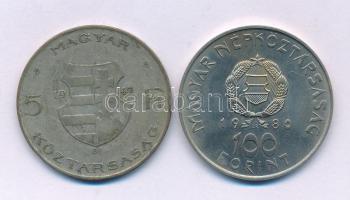 1947. 5Ft Ag "Kossuth" + 1980. 100Ft Ni "Szovjet-magyar közös űrrepülés" T:F,XF