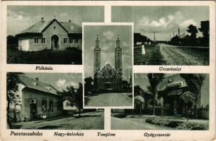 Pusztaszabolcs, plébánia, utcarészlet, Nagy-üzletház, gyógyszertár, templom (EK)