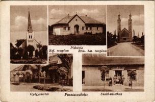 Pusztaszabolcs, plébánia, Szeitl-üzletház, gyógyszertár, római katolikus és református templom (EK)