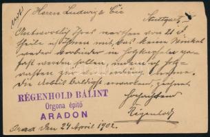 1902 Arad, Régenhold Bálint orgonaépítő pecsétes levelezőlapja