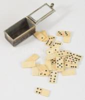 Miniatűr csont dominók, réz tartóban, 4x2,5 cm