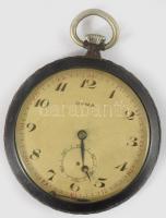 Cyma zsebóra, jelzett szerkezettel, sérült ezüst (Ag) tokkal, d: 5 cm, bruttó 55g, hiányos, nem működik