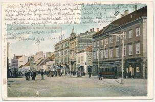 1904 Sopron, Pannonia szálloda és Magyar király szálloda, villamos, Dürböck szobafestő Torna utcai üzletének reklámja egy házfalon. G. Rüger &amp; Co. 8292. (ázott / wet damage)