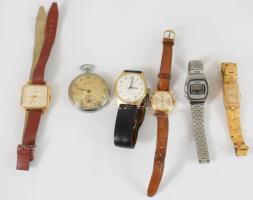 6 darab karóra, zsebóra, közte Zaria, Ruhla, stb., vegyes állapotban