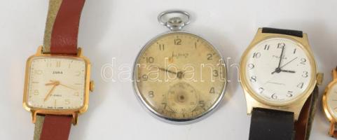 6 darab karóra, zsebóra, közte Zaria, Ruhla, stb., vegyes állapotban