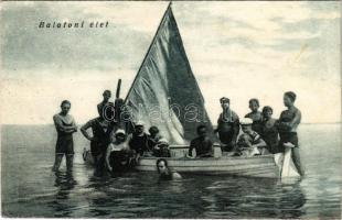 1923 Balaton, Balatoni élet, fürdőzők vitorlással. Hangya szövetkezet kiadása (EB)