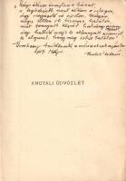 Keleti Arthur:  Angyali üdvözlet. Litániák. (Dedikált.) Budapest, 1916. Grill Károly (Pallas Rt. ny.) [3]-68 + [4] p. Egyetlen kiadás. Az első levélen verses dedikáció: "Régi ékszer énrajtam a bánat, / a legdrágább most nékem e világon, / úgy vigyázok rá, ápolom, becézem, / mégis féltem, oh, bizonyos halálom, / mint fonnyadt kézről halvány arany gyűrű, / úgy hullik majd le elfonnyadt szívemről, / és elgurul, hogy meg sohse találom. -- Ürmössy Anikónak, a művésznőnek ajánlom: Keleti Arthur. 1917. május". Dedikációjához Keleti Arthur a fenti, saját, publikálatlan, "Elhagyott leány panasza" címen ismert költeményét használta fel. Néhány oldalon saját kezű korrektúrajelek, illetve szcenírozási jegyzetek: a kötet egy versét a költő közösen adta elő Ürmössy Anikó színésznővel. Kötetünk könyvdíszét és borítórajzát Gara Arnold grafikusművész rajzolta. Példányunkból a címlap hiányzik. Prov.: Ürmössy Anikó (1892-1968) színésznő, főiskolai diplomája után 1916-ban az Andrássy úti Modern Színpadon debütált, majd a Belvárosi Színházban, a Fasor Kabaréban és a Renaissance Színházban lépett fel. Illusztrált, enyhén sérült, kissé foltos kiadói kartonkötésben.