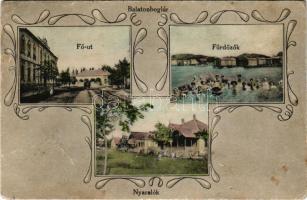 1913 Balatonboglár, Fő utca, fürdőzők, nyaralók. Grosz Simon kiadása. Art Nouveau, floral (r)