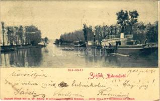 1901 Siófok, Sió-öböl, gőzhajó. Hirsch Mór kiadása. Weiss L. és F. könyvnyomdája (b)