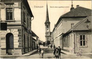 1908 Érsekújvár, Nové Zamky; Iskola utca, gimnázium, mészáros üzlet. Adler József kiadása / street, grammar school, butcher shop