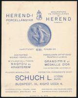 cca 1925 Herendi Porcelángyár kétoldalas reklámlap, többnyelvű (magyar, francia, német, angol), 15x12 cm