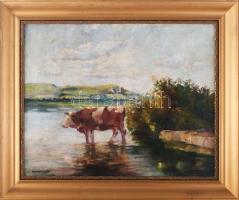 Gerstenberger Mátyás 1888-?): Itatás. Olaj, vászon. Jelezve balra lent. Dekoratív fakeretben. 40x50 cm