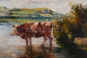 Gerstenberger Mátyás 1888-?): Itatás. Olaj, vászon. Jelezve balra lent. Dekoratív fakeretben. 40x50 ...