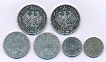 Német Birodalom 1874G 1M Ag + 1875J 1M Ag + 1914E 5pf Cu-Ni (2db, ritkább évjárat/verde) + Német Szövetségi Köztársaság 1983G 2M Cu-Ni "Konrad Adenauer" PP kapszulában + 1983G 2M Cu-Ni "Kurt Schumacher" PP kapszulában T:AU-F German Empire 1874G 1 Mark Ag + 1875J 1 Mark Ag + 1914E 5 Pfennig Cu-Ni (2pcs, rarer year/mint) + Federal Republic of Germany 1983G 2 Mark Cu-Ni "Konrad Adenauer" PP in capsule + 1983G 2 Mark Cu-Ni "Kurt Schumacher" PP in capsule C:AU-F