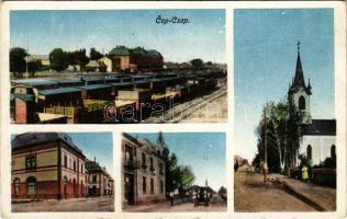 Csap, Cop, Chop; Vasútállomás, iskola, templom. A. Horák kiadása / Nádrazí / railway station, school, church (EK)