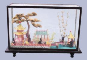 Antik kínai dioráma, alján címkén jelzett, 20x13 cm