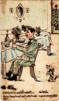 1938 'S elbújunk az ajtótok mögött...' Második világháborús magyar kézzel rajzolt katonai képeslap, katona borral, kutya / WWII Hungarian military art postcard, hand-drawn, soldier with wine, dog (fa)