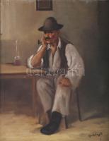 Mesterházy Dénes (1900-1949 körül): Pipázó. Olaj, vászon. Jelezve jobbra lent. Javított. Dekoratív, kissé sérült fakeretben, 50x39,5 cm.