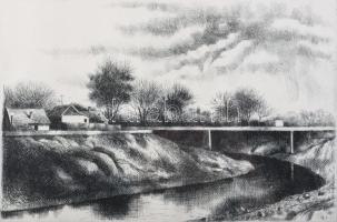Nechánszky József (1936-): Zagyvahíd Szolnoknál, 1988. Rézkarc, papír, jelzett, üvegezett fakeretben, 20×29,5 cm
