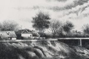 Nechánszky József (1936-): Zagyvahíd Szolnoknál, 1988. Rézkarc, papír, jelzett, üvegezett fakeretben...