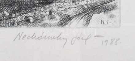 Nechánszky József (1936-): Zagyvahíd Szolnoknál, 1988. Rézkarc, papír, jelzett, üvegezett fakeretben...