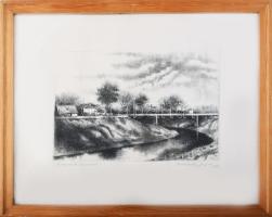Nechánszky József (1936-): Zagyvahíd Szolnoknál, 1988. Rézkarc, papír, jelzett, üvegezett fakeretben...
