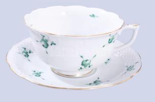 1940 Herendi zöld virágmintás kávés készlet, cukortartó és tejkiöntő nélkül, 9 csészével, 11 csészea...
