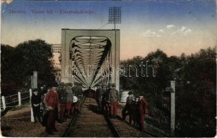 1914 Újvidék, Novi Sad; Dunai vasúti híd újvidéki bejárata, osztrák-magyar katonák. nyomta Glass és Tuscher / Eisenbahnbrücke / railway bridge with K.u.k. soldiers (Rb)